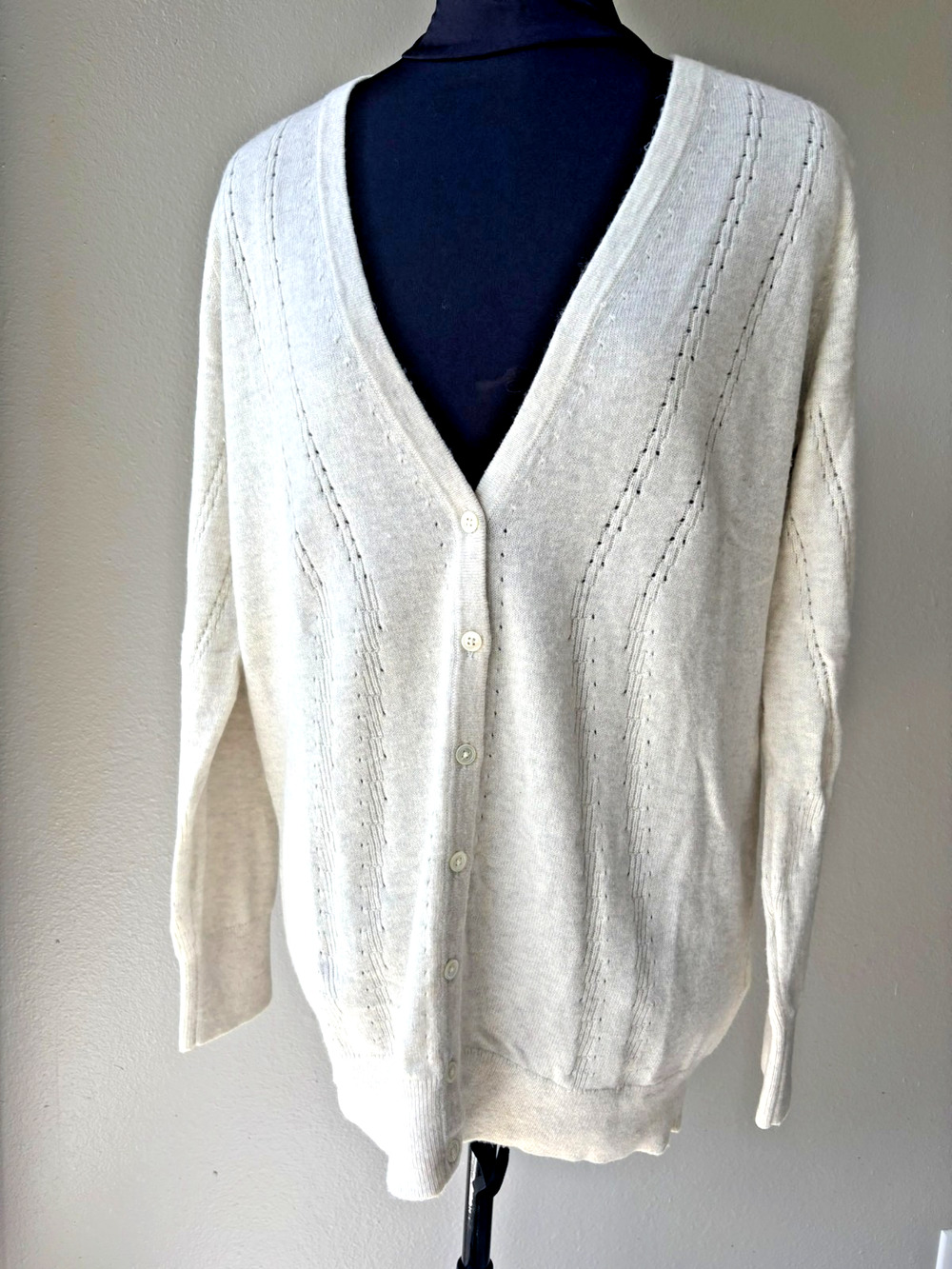 Banana Republic Merino Wool Cashmere Blend Pointelle V-Neck Cardigan L Heathered